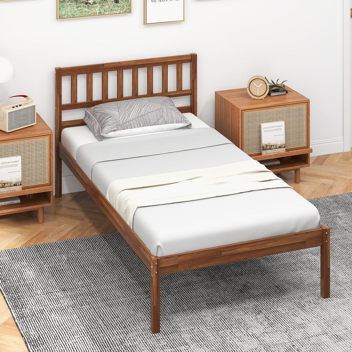 Giantex Wood Twin Bed Frame with Headboard, Mid Century Platform Bed with Wood Slat Support, Solid Wood Foundation, 12 Inch Height for Under Bed Storage, Easy Assemble, Walnut Giantex