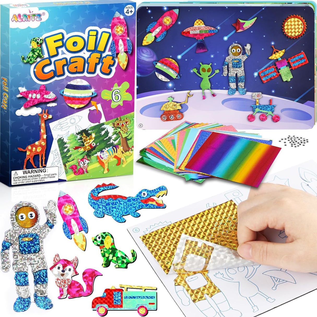 Alritz Arts and Crafts,Foil Crafts Fun Kit, Art Kit Toys for Kids Animals Space Cars, Foil Stickers Supplies,Travel Toys DIY Christmas Gifts for Girls Boys 4 5 6 7 8 9 10 11+ Years Old (6 Theme) Alritz