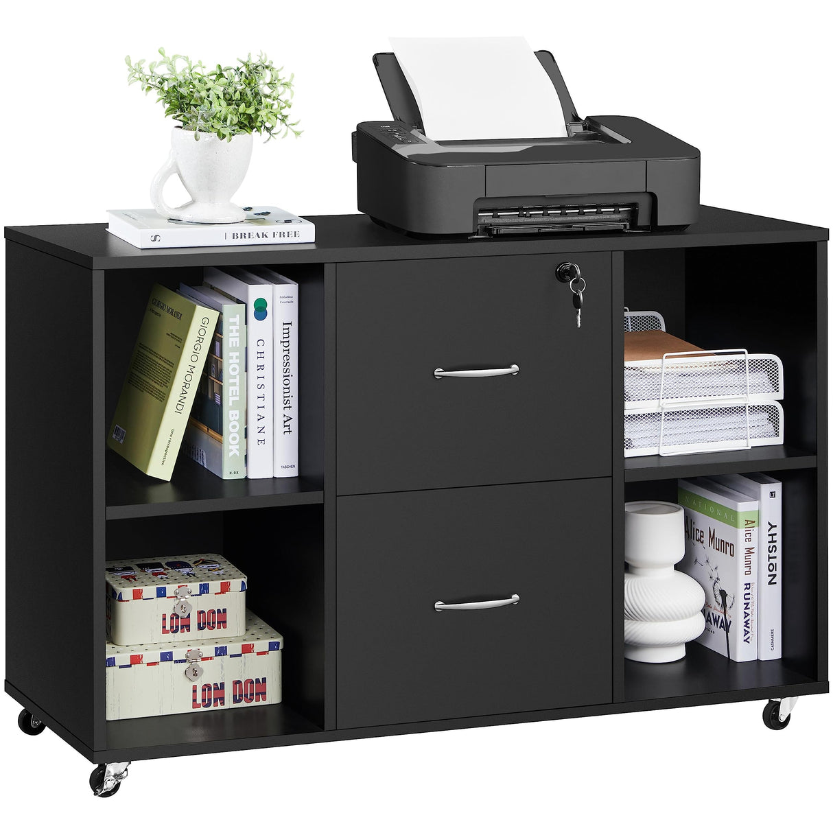 Yaheetech Black File Cabinet Large Mobile Storage Lateral Filing Cabinet with 2 Drawer and 4 Open Compartments,for Letter Size A4 Size, Printer Stand for Home Office, Black Yaheetech
