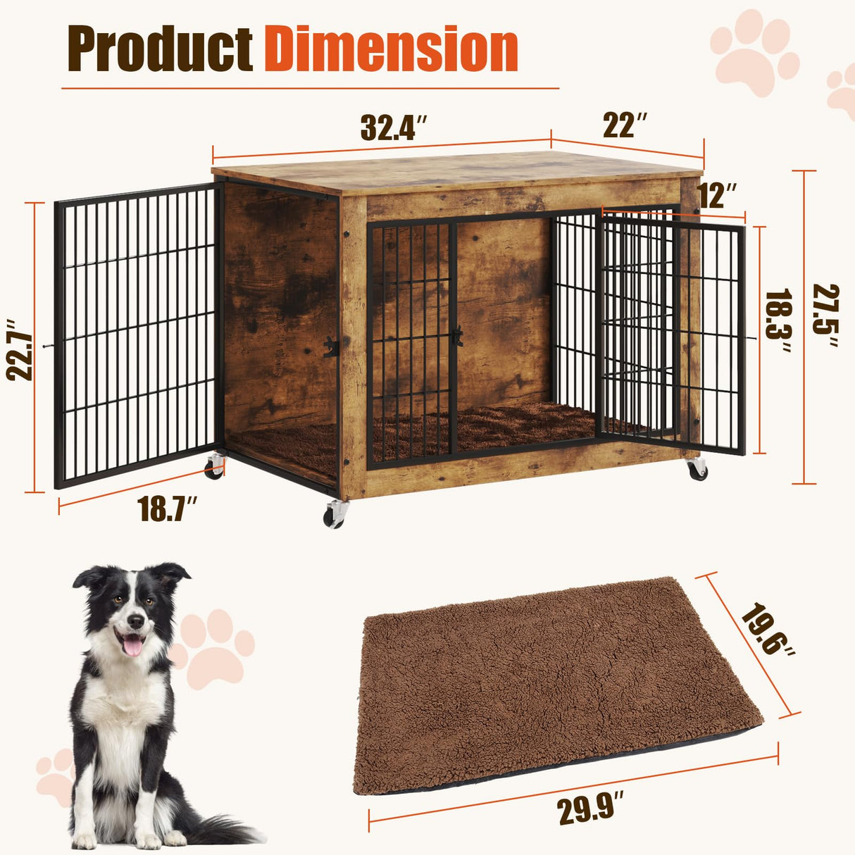 LEMBERI 32 Inch Dog Crate Furniture with Cushion, Wooden Double Doors Dog Kennel Cage Indoor with Wheels, Pet House Decorative Side End Table for Small Medium Dogs, Rustic Brown LEMBERI