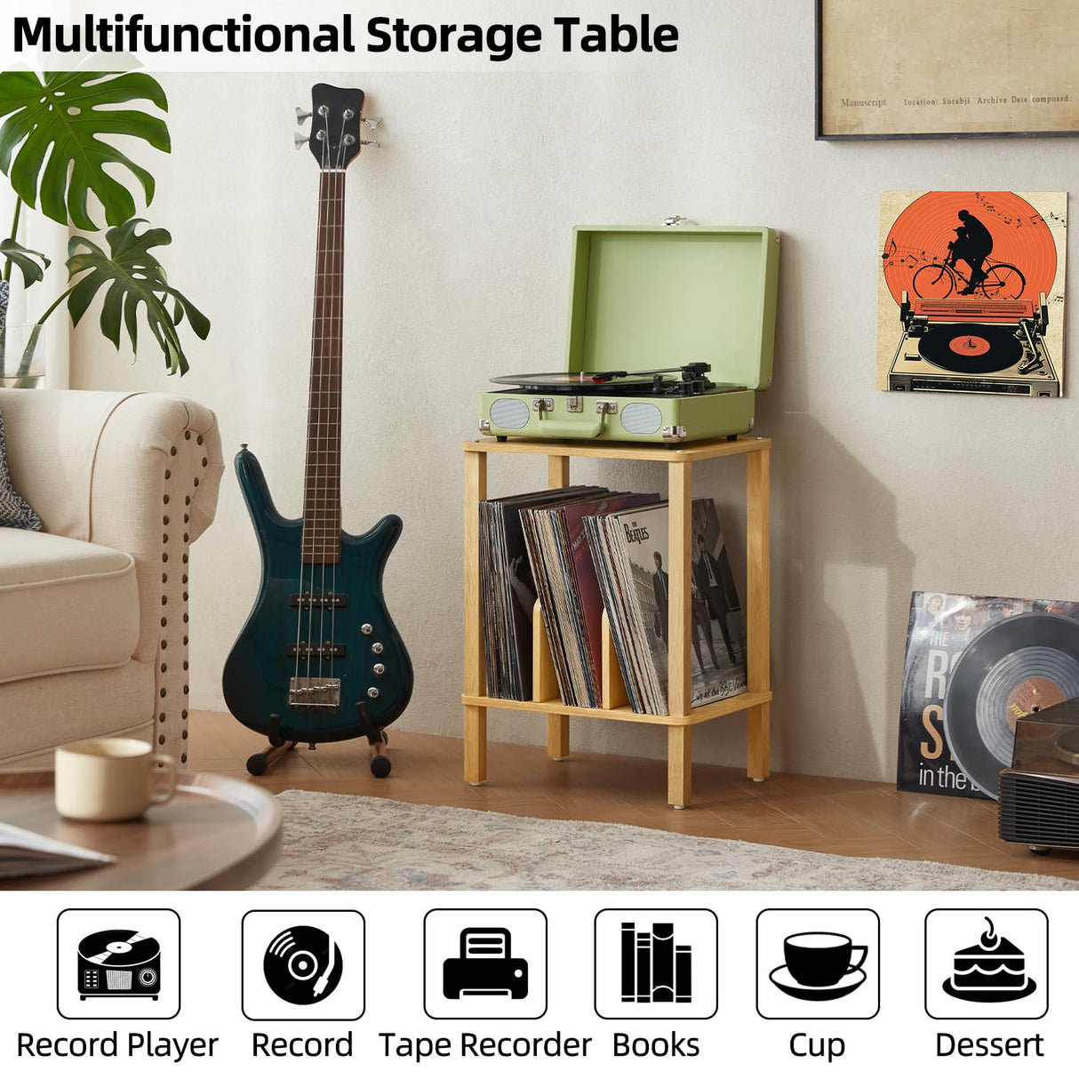 LELELINKY 2-Tier Bamboo Record Player Stand with Vinyl Record Storage up to 100 Albums, Bedroom Record Holder and Multi-Functional End Table for Living Room, Natural LELELINKY