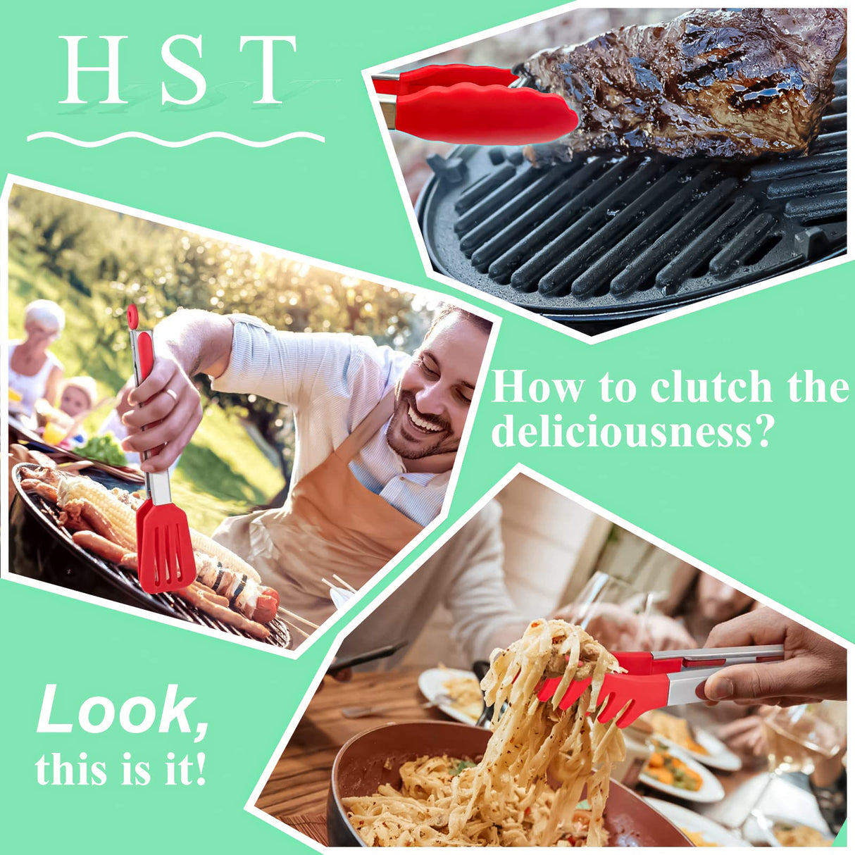 HST 3 Pack Kitchen Tongs, Non Stick Stainless Steel 9 Inch Tongs With Silicone Tip for Cooking BBQ Baking(Red) H S T