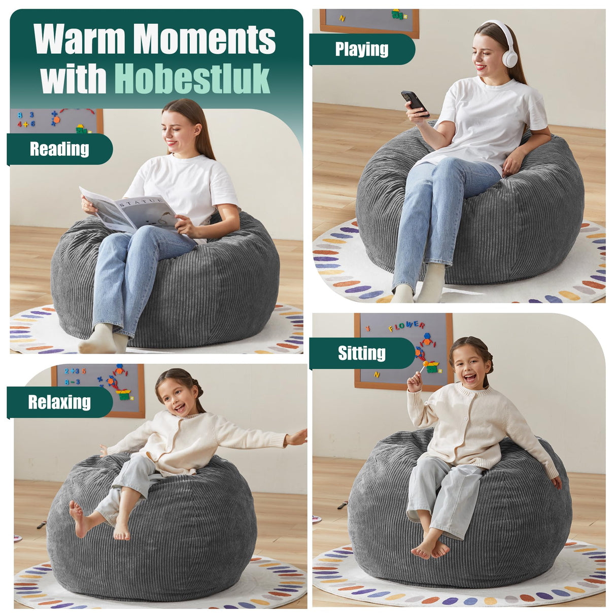 Hobestluk 3.5FT Bean Bag Chair Large Bean Bag with Filler Included Bean Bag Chairs for Adults Teardrop Bean Bag Chair with Removable Cover for Bedroom Living Room - (Large, Grey) Hobestluk