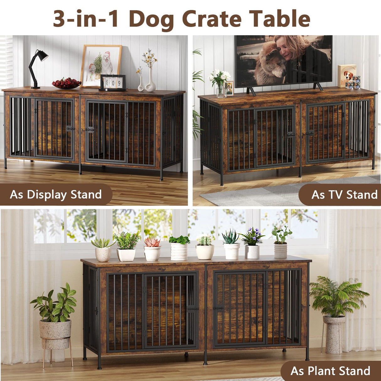 EasyCom 78 Inch Dog Cage Furniture for 2 Dogs, Extra Large Double Dog Crate Furniture Large Breed, XXL Thick Wooden Dog Crate Furniture TV Stand, Sturdy Dog Kennel Furniture Dog Crate with Divider EasyCom