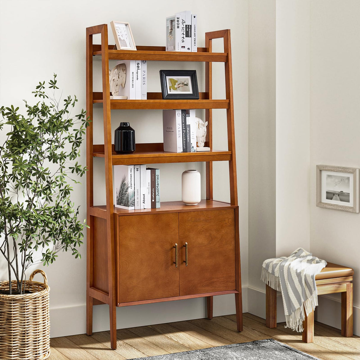 HULALA HOME Wood Ladder Shelf Bookcase with Doors & 3 Open Shelves, 34" W Mid-Century Modern Bookcase with Metal Pulls, Storage Rack with Solid Wood Legs for Bedroom & Living Room, Acorn HULALA HOME