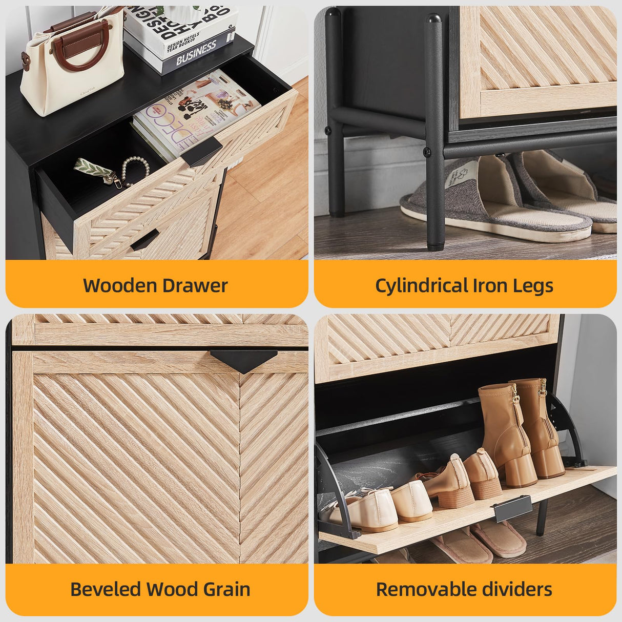 HUSHEDIFY Shoe Cabinet Storage with 2 Flip Drawers, Narrow Hidden Shoes Organizer Cabinet for Entryway, Freestanding Slim Shoe Rack Front Door Entrance(Oak&Black) HUSHEDIFY