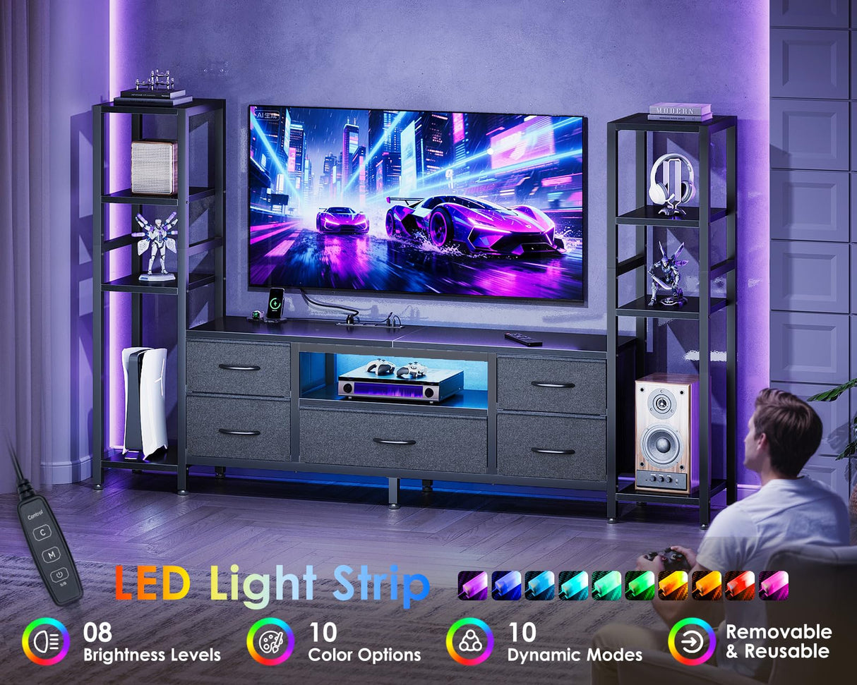 Casaottima 71" TV Stands for 43, 50, 55 Inch TV Entertainment Center with LED Lights and Power Outlets, TV Stand for Living Room with 5 Fabric Drawers & Shelf, TV Console Cabinet for Bedroom, Black Casaottima