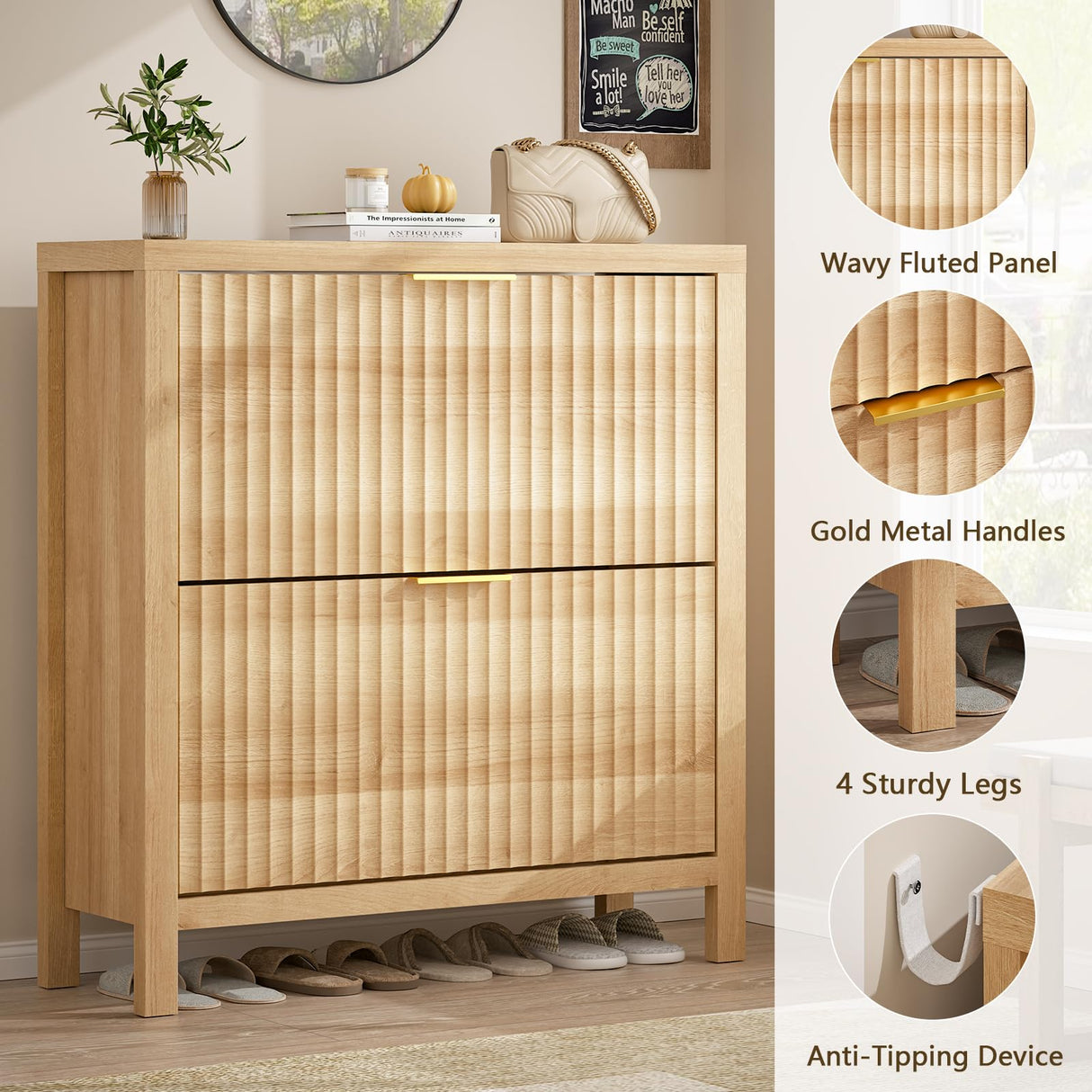 YOMILUVE Shoe Cabinet Storage for Entryway, Fluted Shoe Cabinet with 2 Flip Drawers, Hidden Shoe Rack Tall Freestanding Shoe Organizer with Legs for Hallway, Wood YOMILUVE