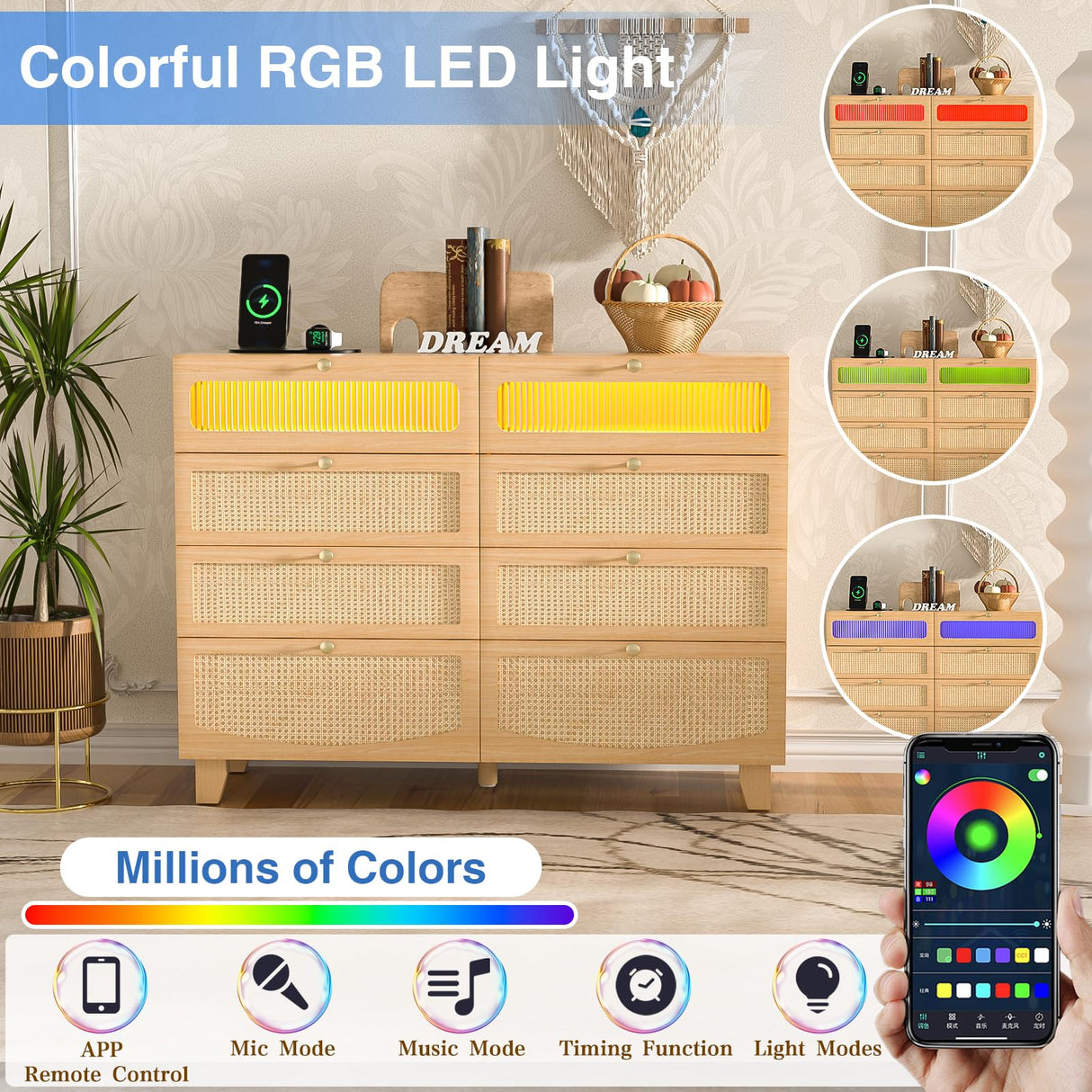 Yeyawomy Rattan Dresser for Bedroom with 8 Drawers, Wood Dresser with Charging Station & LED Lights, Boho Dressers & Chests of Drawers for Bedroom Yeyawomy