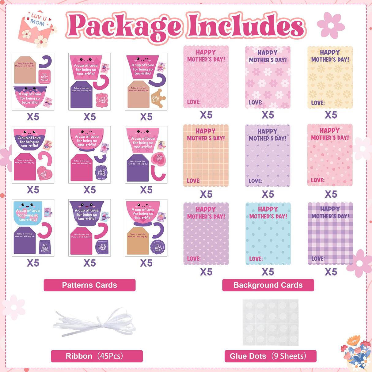 Haooryx Mother's Day Craft Kits for Kids - 45 Sets DIY Tea Cup of Love Greeting Card Making Kits Make Your Own Mother’s Day Party Favor Gift Cards School Art Project Fun Classroom Home Activity Supply Haooryx