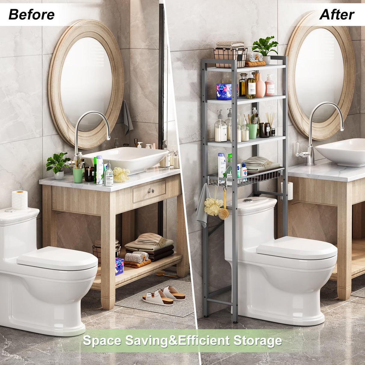 Kalrin Over-The-Toilet Storage Rack, 4-Tier Bathroom Organizer Shelf Over Toilet with Adjustable Shelf and Basket, Freestanding Space Saver Bathroom Shelves Above Toilet for Room (Gray- White) Kalrin