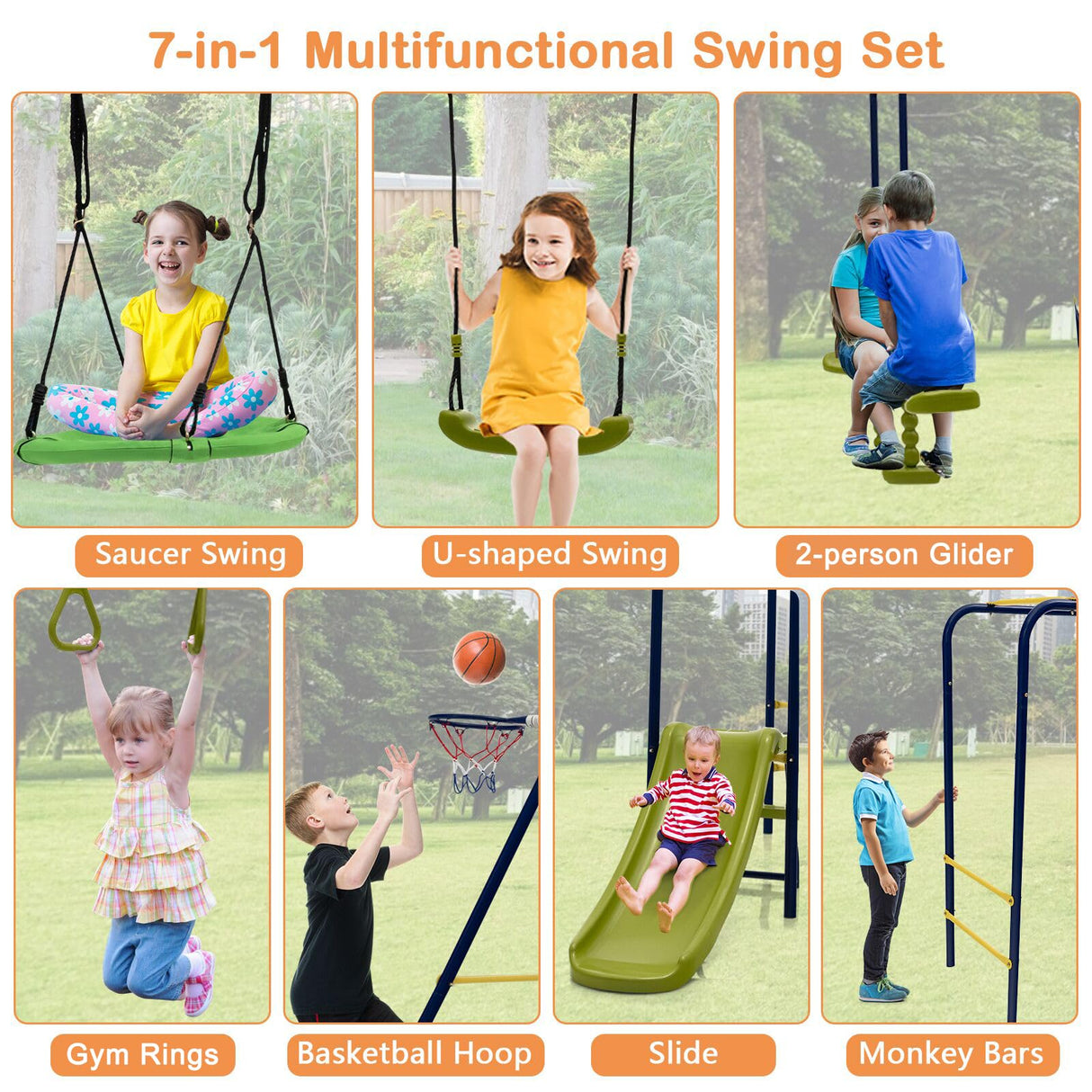 HONEY JOY Swing Set, 660lbs 7-in-1 Heavy Duty Swingset Outdoor for Kids w/A-Frame Metal Swing Stand, 2 Swings, Glider, Gym Rings, Slide, Monkey Bar, Basketball Hoop, Swing Sets for Backyard HONEY JOY