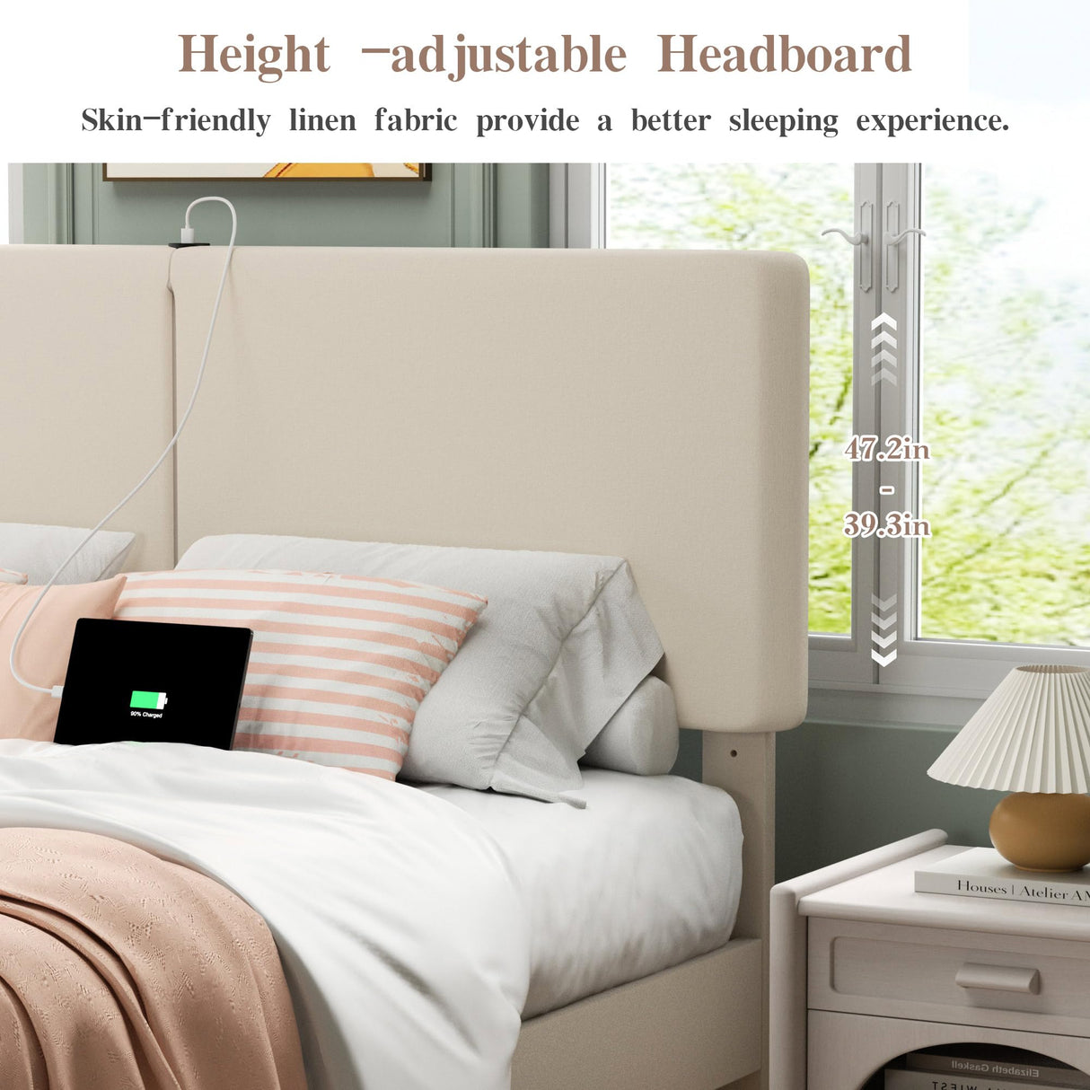 VECELO Queen Bed Frame with Type-C & USB Ports, Upholstered Platform Height-Adjustable Cotton and Linen Headboard, No Box Spring Needed, Noise-Free, Easy Assembly, Beige VECELO
