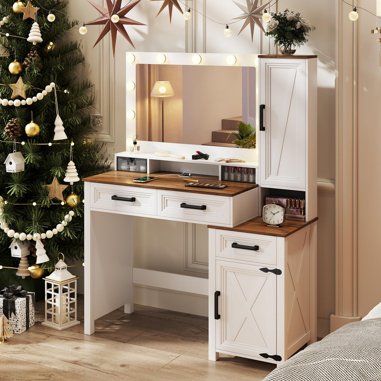 GlasFlength Farmhouse Makeup Vanity with Lighted Mirror, Vanity Desk with Charging Station, Vanity Table with 3 Lighting Modes Brightness Adjustable, Wood Vanity with Acrylic Boxes for Bedroom, White GlasFlength