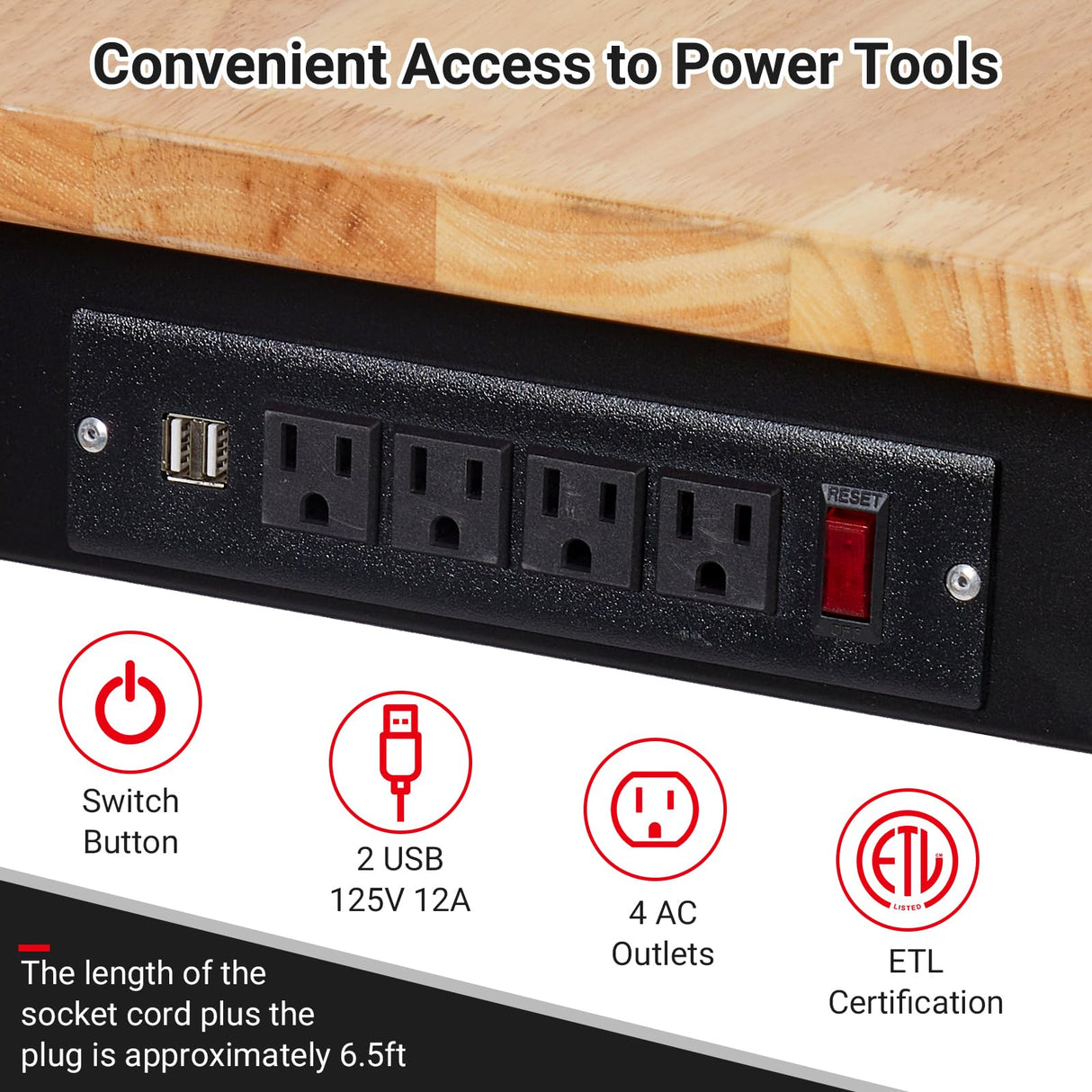 60" Adjustable Workbench with Drawer & Power Outlet,2200 Lbs Load Capacity Capacity Work Table,Heavy Duty Work Bench,Sturdy Steel Frame with Rubber Wood Table Top,for Garage,Office,Home TROPOW