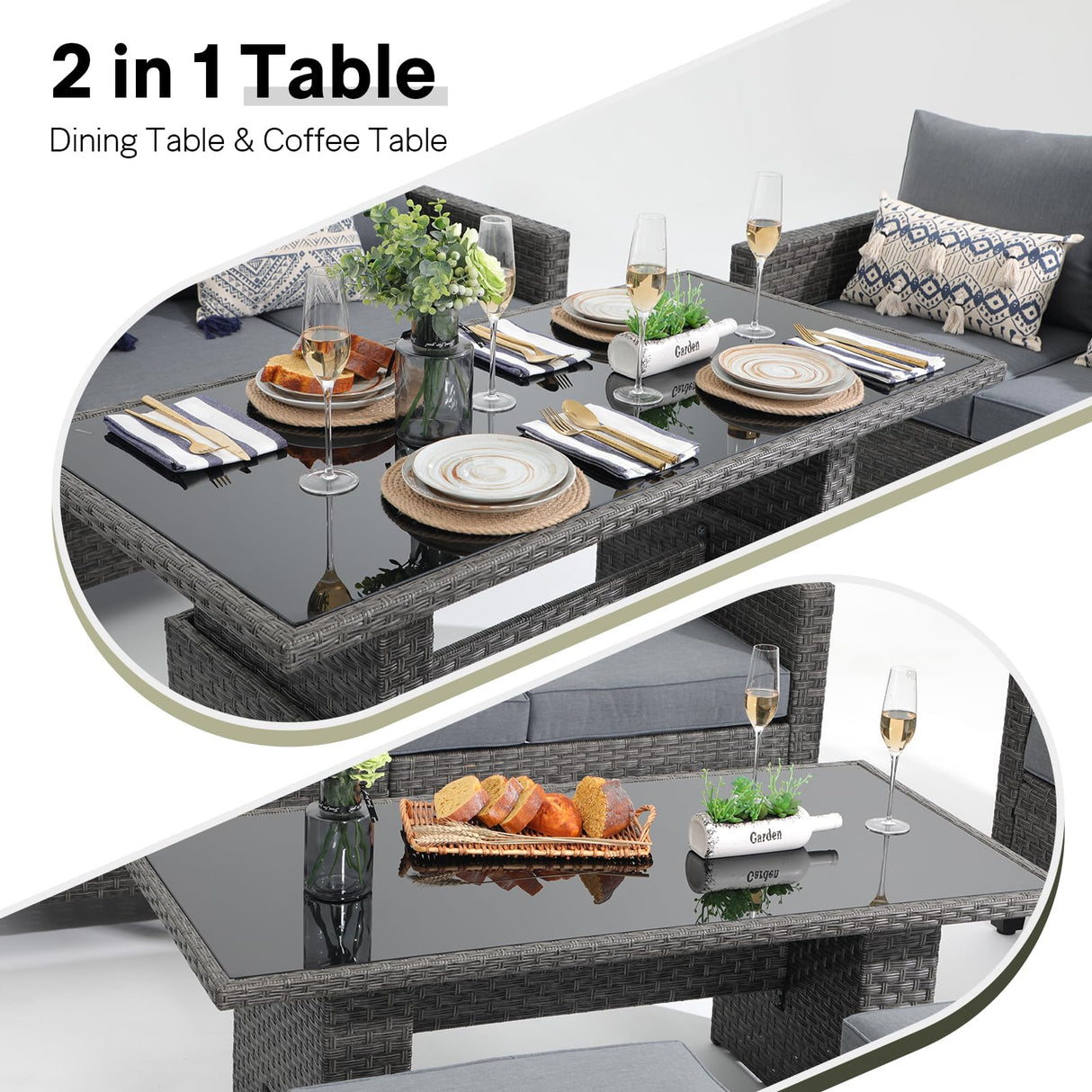 SUNSITT Outdoor Patio Furniture Set 6 Piece Wicker Conversation Set with Lift Coffee Table Sectional Dining Set 3 Seat Sofa Couch with Ottoman, Grey Wicker & Grey Cushion SUNSITT