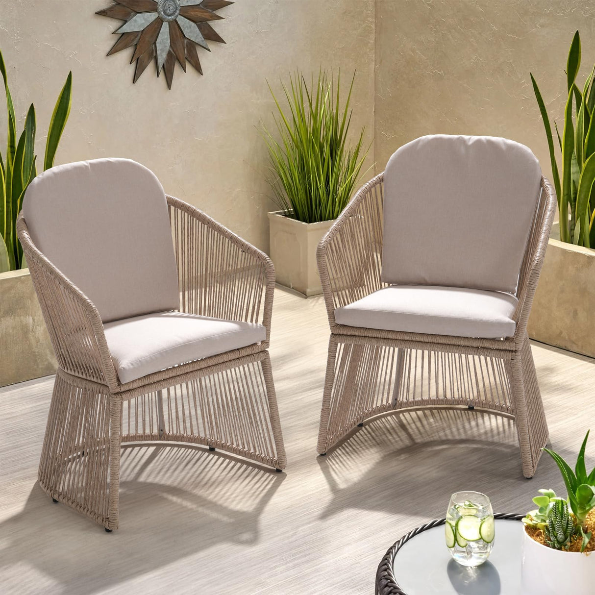 SUNSITT Patio Chairs Set of 4, Woven Wicker Outdoor Dining Chair w/Weather-Resistant Cushions, Modern Bistro Chairs Set of 4 w/Curved Armrest Beige for Garden Balcony Backyard SUNSITT