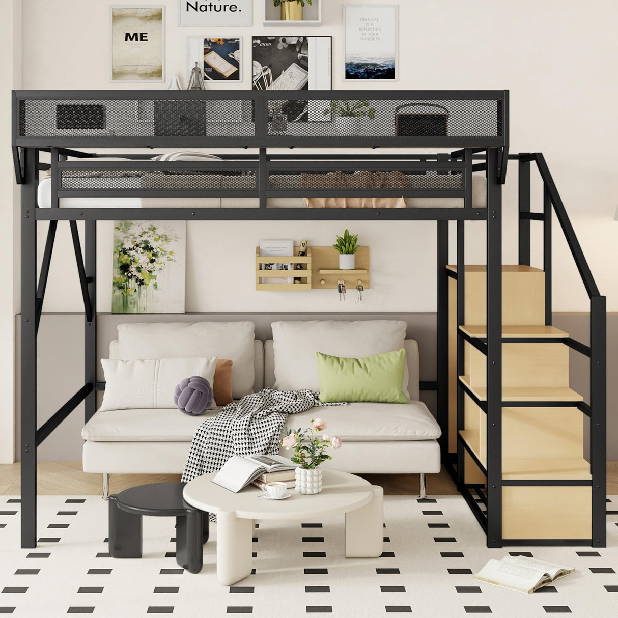 Duxelifin Queen Size Loft Bed with Staircase, Metal Loft Beds with Storage Shelves & Wardrobe, High Lofted Bed Frame, loft Tall Bed for Boys Girls and Teens, No Box Spring Needed (Black) Duxelifin