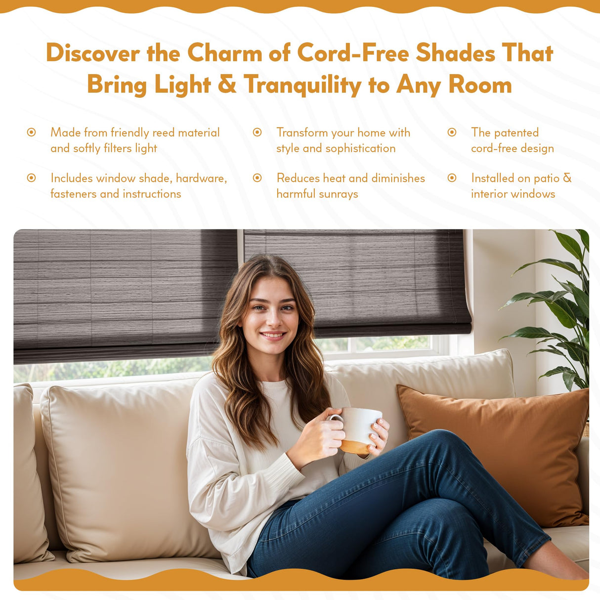 Radiance Cordless Bamboo Roman Shades for Windows - Flatweave Bamboo Blinds for Reduce Bright Light - Easy to Lift & Fold Up Window Shades - Espresso - 39 in. W x 64 in. L - (2208840E) Radiance