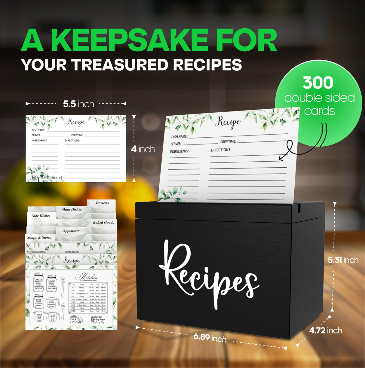 Jaconine Recipe Box, Wooden Recipe Organizer, Recipe Holder Box with 50 Recipe Cards 4""x6"" & 6 Dividers, Recipe Book to Write in Your Own Recipes, Black Jaconine