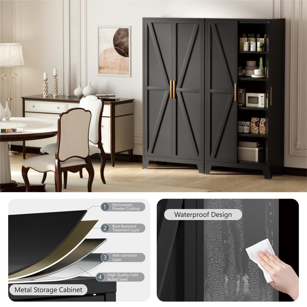 Bevivog 71" Kitchen Pantry Cabinet, Metal Storage Cabinet with 2 Doors and 4 Adjustable Shelves, Farmhouse Tall Metal Pantries Cabinets Storage for Kitchen, Home Office, Living Room, Dining Room Bevivog