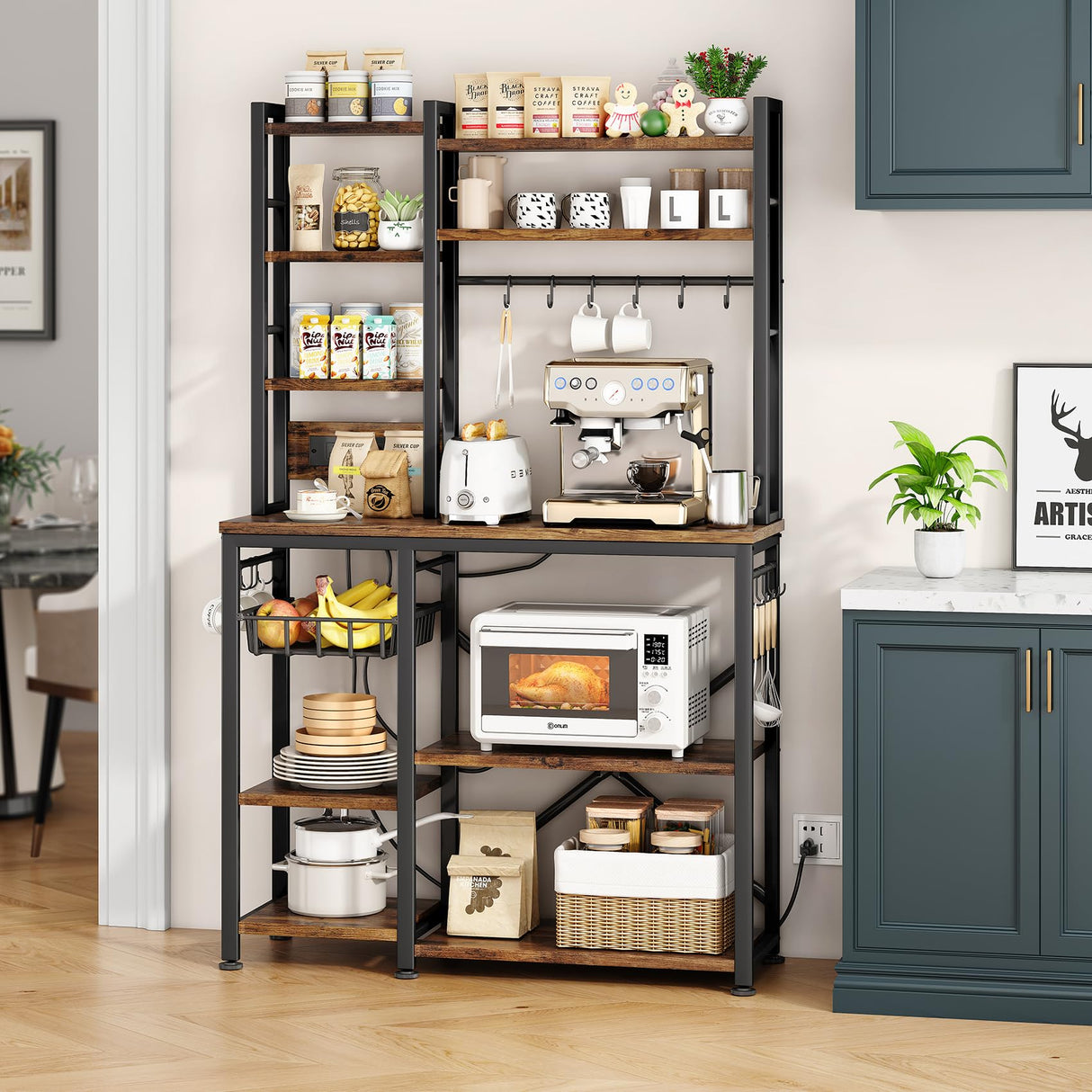 Baker Rack with Power Outlet - Microwave Stand with Storage, Large Coffee Bar Station with 14 Hooks, Metal Kitchen Shelf Rack for Spices, Pots, Rustic Brown and Black SNTD