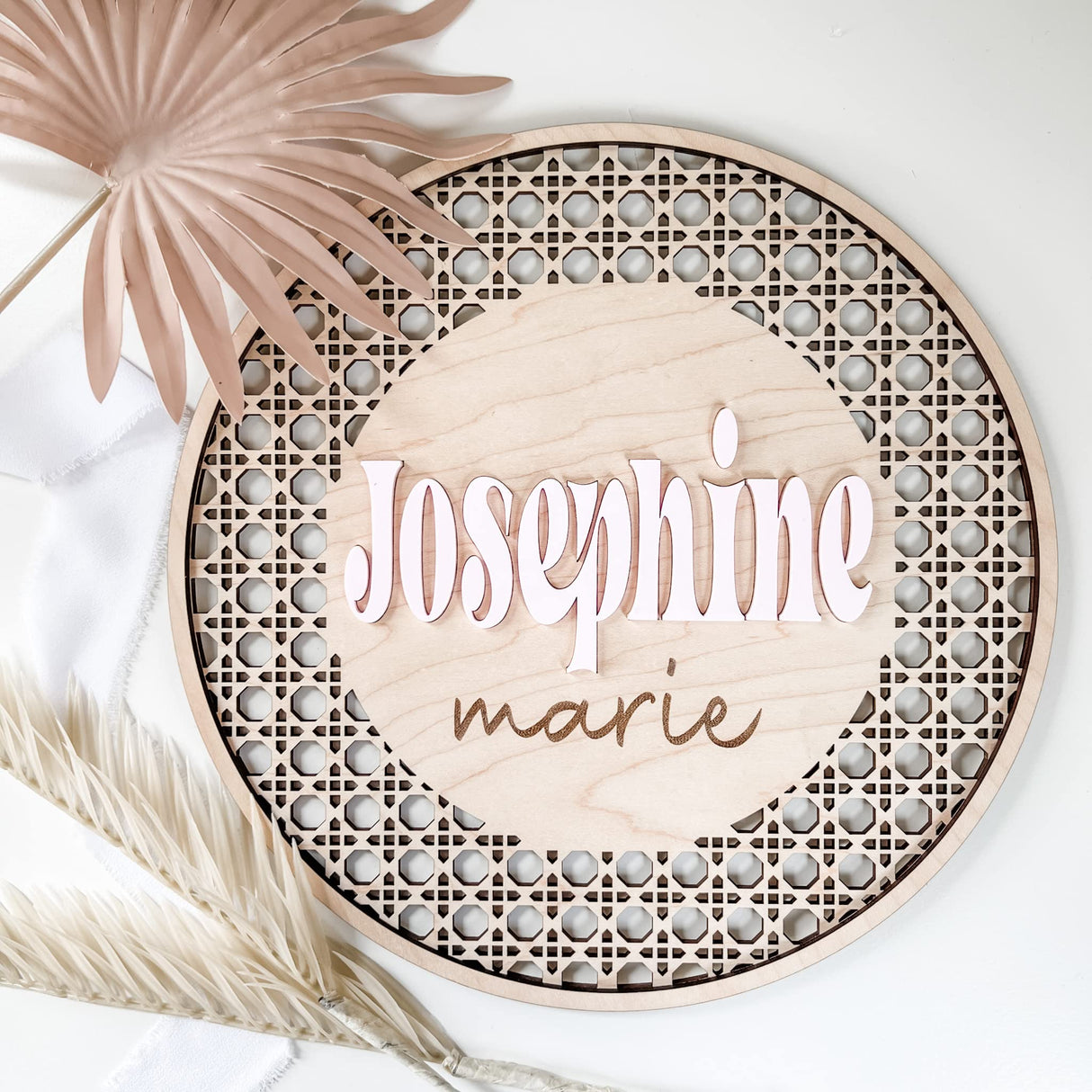 Custom Boho Wood & Acrylic Personalized Name Sign, 3D Layered Handmade Rattan Wall Decor for Nursery or Child's Bedroom - Gift for Baby Shower, Imaginate