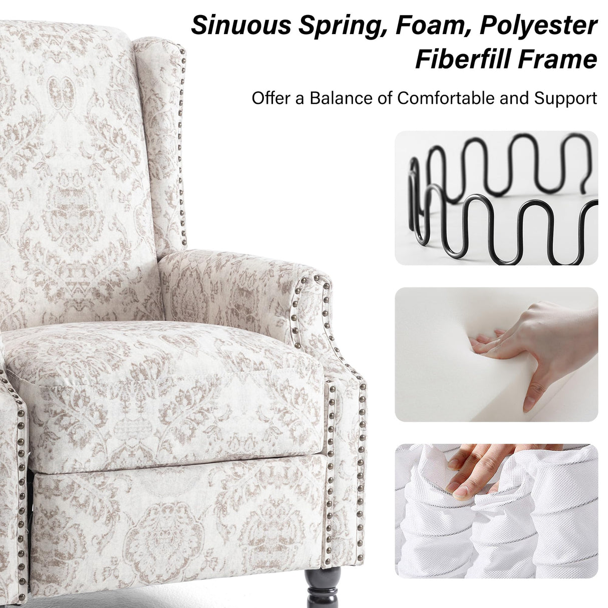 Recliner Chair, Upholstered Wingback Floral Pushback Armchair with Adjustable Backrest & Footrest, Comfy Accent Chair Reading Single Sofa for Small Spaces, Living Room, Bedroom (Beige, Set of 1) DREAMSIDEA