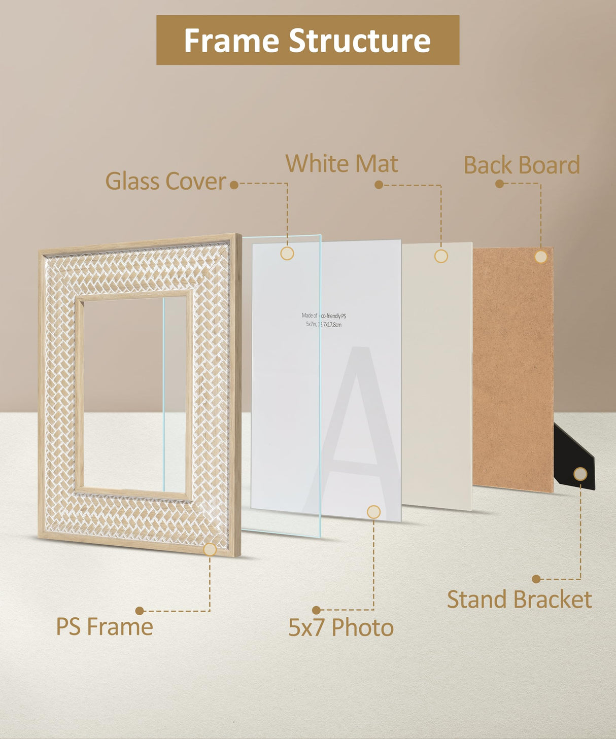 Afuly 5x7 Picture Frame Natural Boho Picture Frames Beige Chic Bohemian Photo Frame Desk Picture Frames for Wall Hangings Home Decor, Wedding Gifts for Couple Grandma Mom Women Afuly