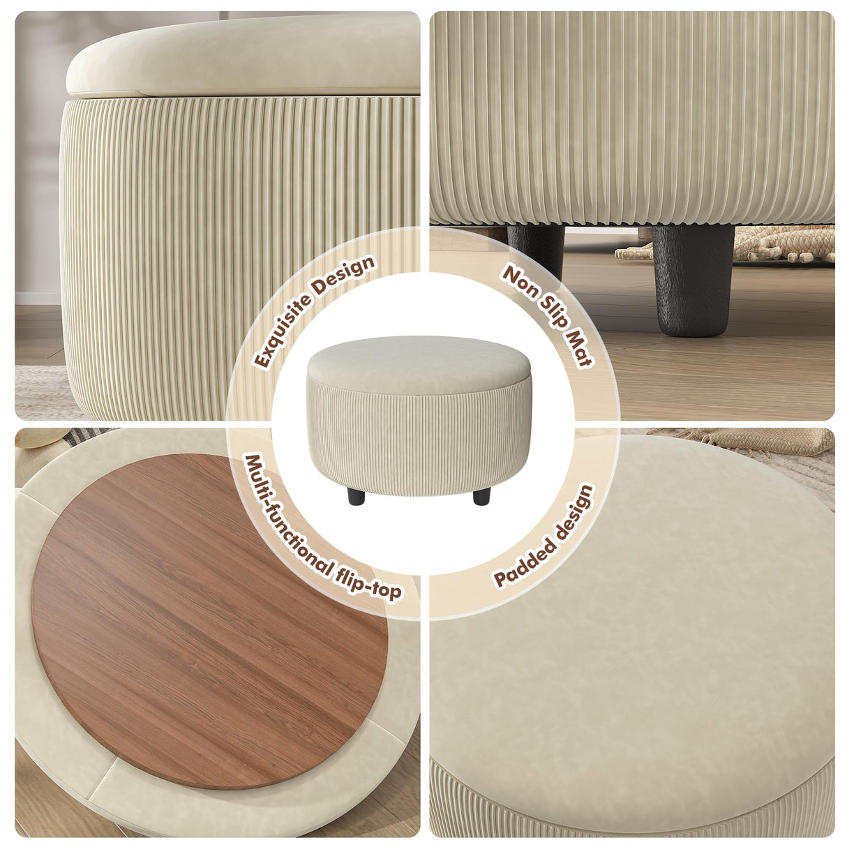 Vabches 30inch Round Storage Ottoman with Hidden Storage, Modern Ottoman Coffee Table with Removable Wood Top, Upholstered Foot Stool for Living Room, Sofa Side, Bedroom, Office (Beige, 30" W) Vabches