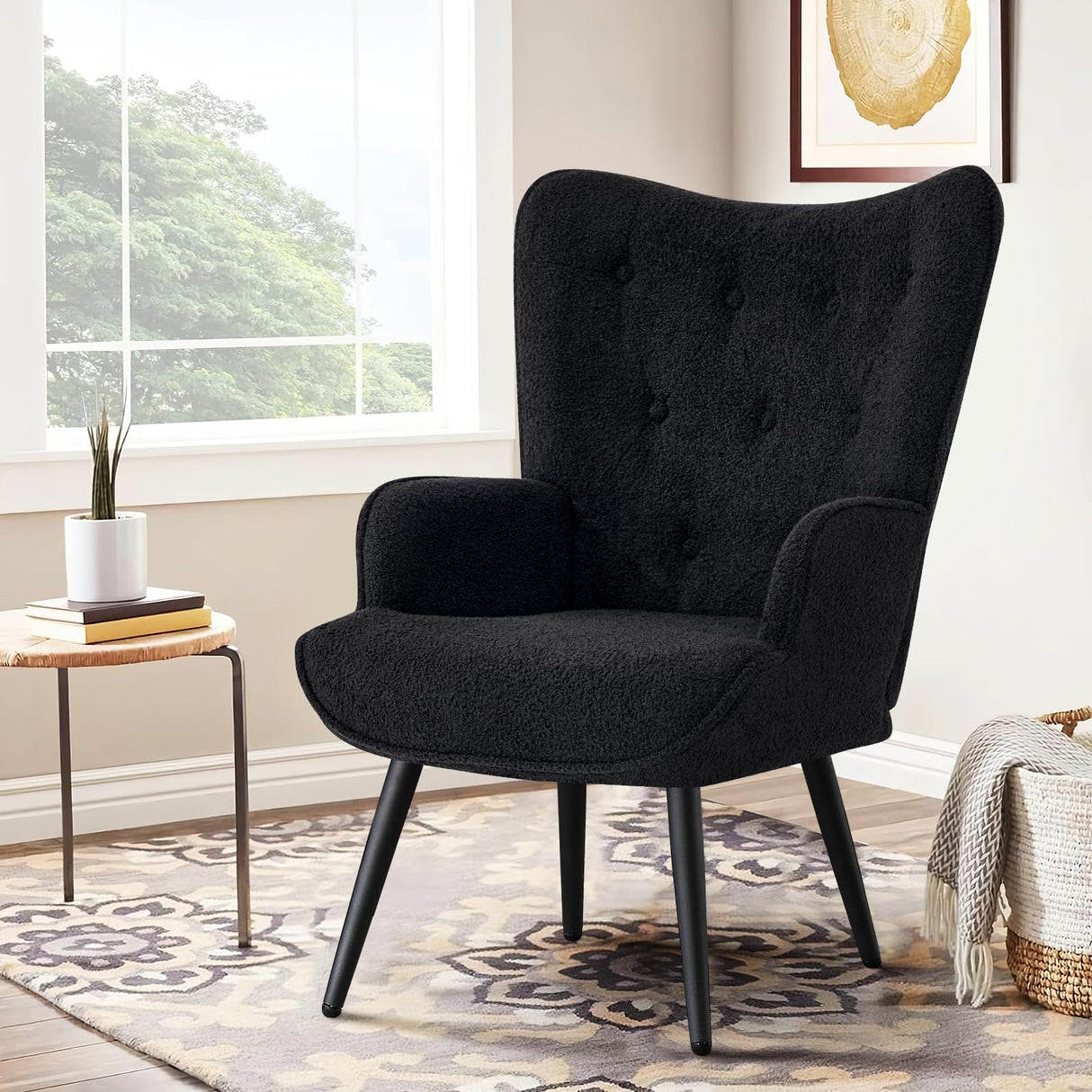 Furniliving Boucle Accent Chair for Living Room, Upholstered Reading Chair with High Backrest, Tufted-Button Wingback Armchair for Bedroom, Dressing Room, Home Office, Black Furniliving