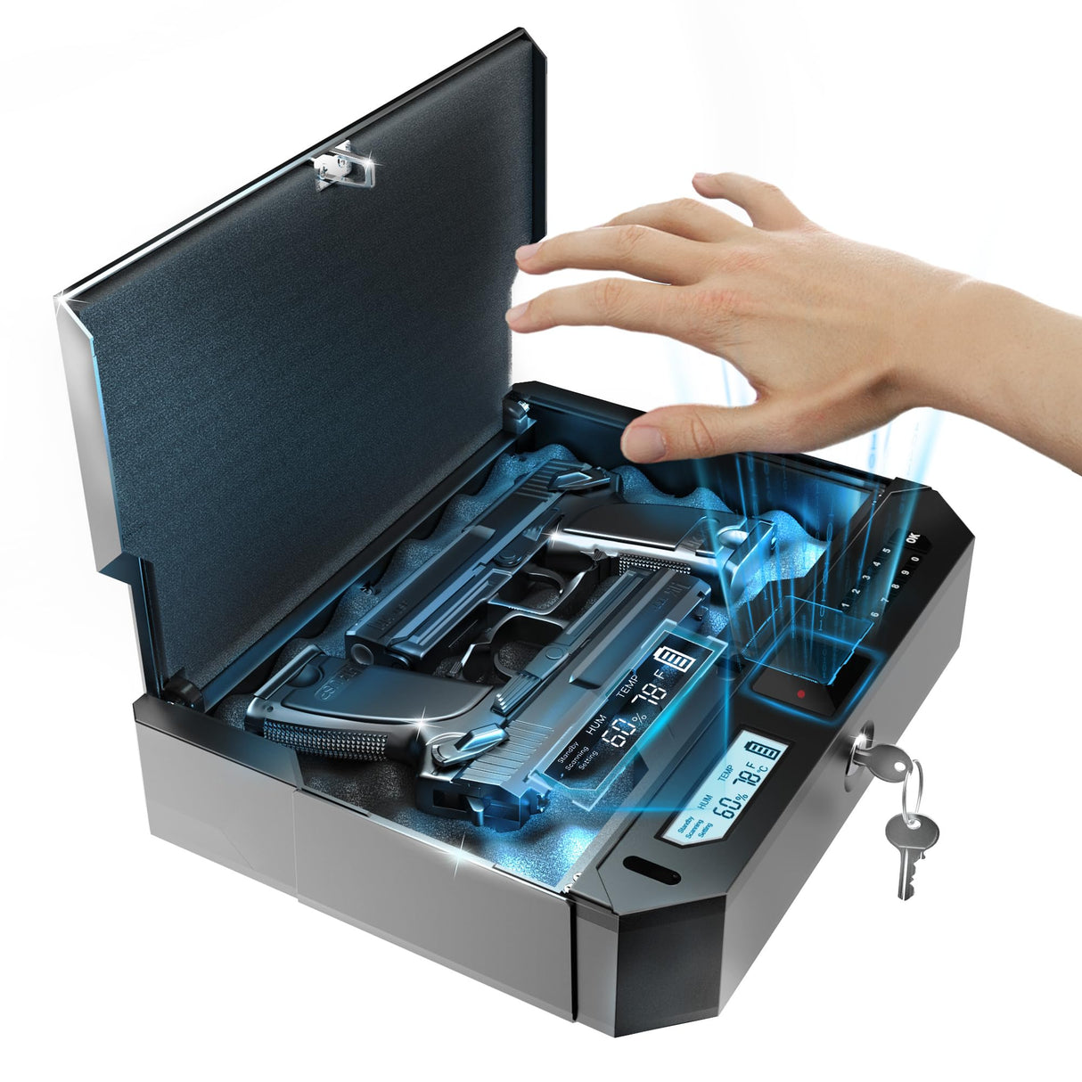 XEGIS SAFE AI Smart Palm Vein Gun Safe - Contactless 0.1s Access & 100% Unlock for Wet, Dirty, Calloused, Peeling Hands & in Darkness, Biometric Handgun Pistol Box for Nightstand, Home & Car, Grey XEGIS SAFE