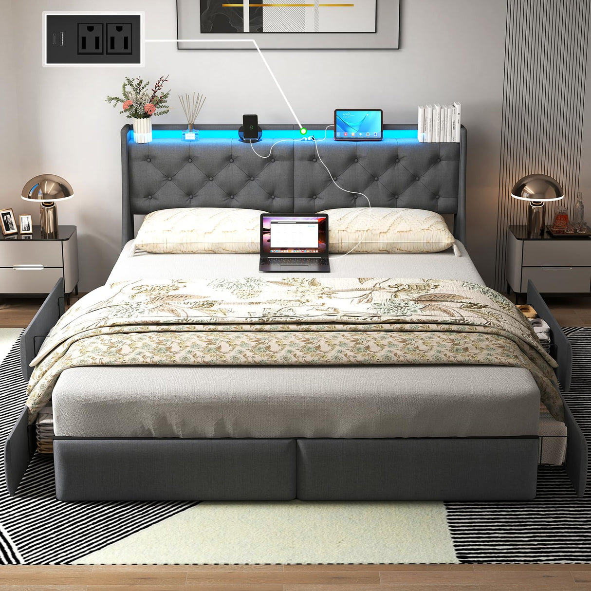 King Size Bed Frame with LED Lights and Charging Station, Upholstered Platform Bed with Storage Headboard and 4 Drawers, Metal Slat Support, Noise-Free, No Box Spring Needed, Easy Assembly, Gray UINTAI