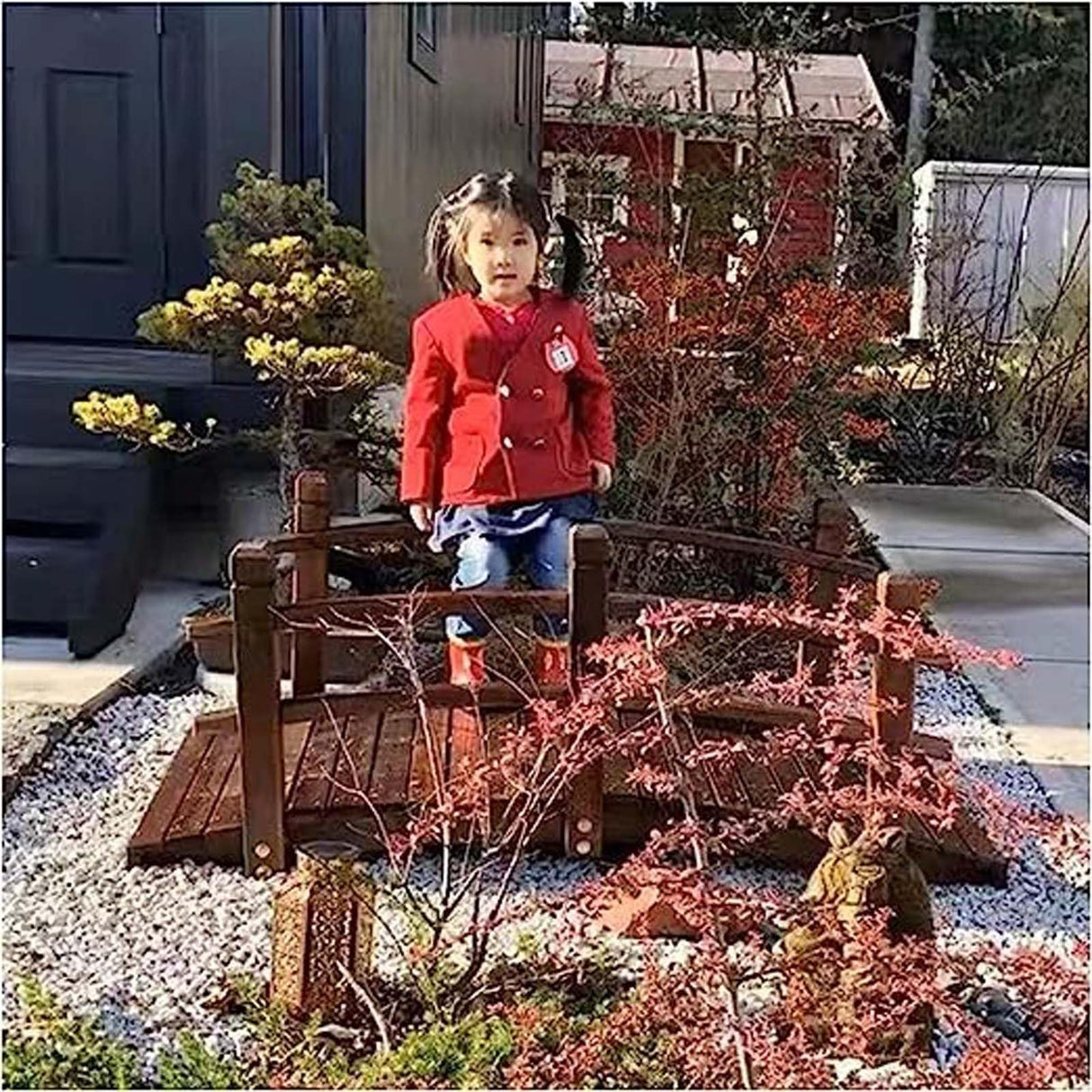 Garden Bridges 55" Rustic Fish Pond Bridge with Double Siderails, Wooden Garden Bridge Lawn Décor Arc Footbridge for Backyard Creek Stream,Easy to Assemble WoodArtSupply