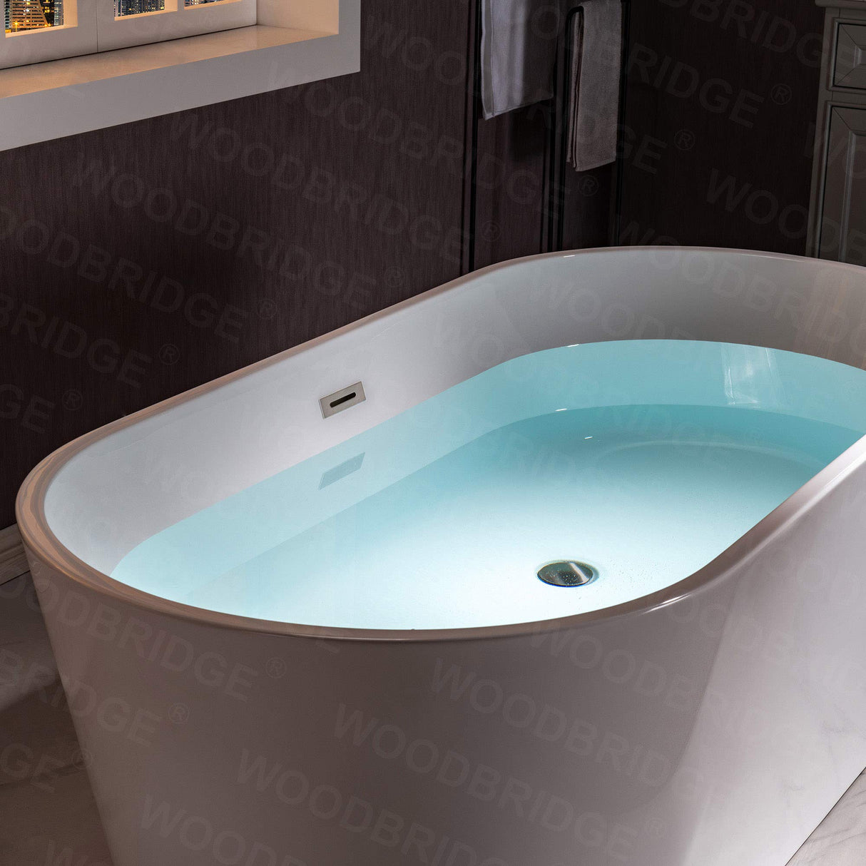 WOODBRIDGE 59" Acrylic Freestanding Bathtub Contemporary Soaking White Tub with Brushed Nickel Overflow and Drain,B0014 -B/N-Drain &O WOODBRIDGE
