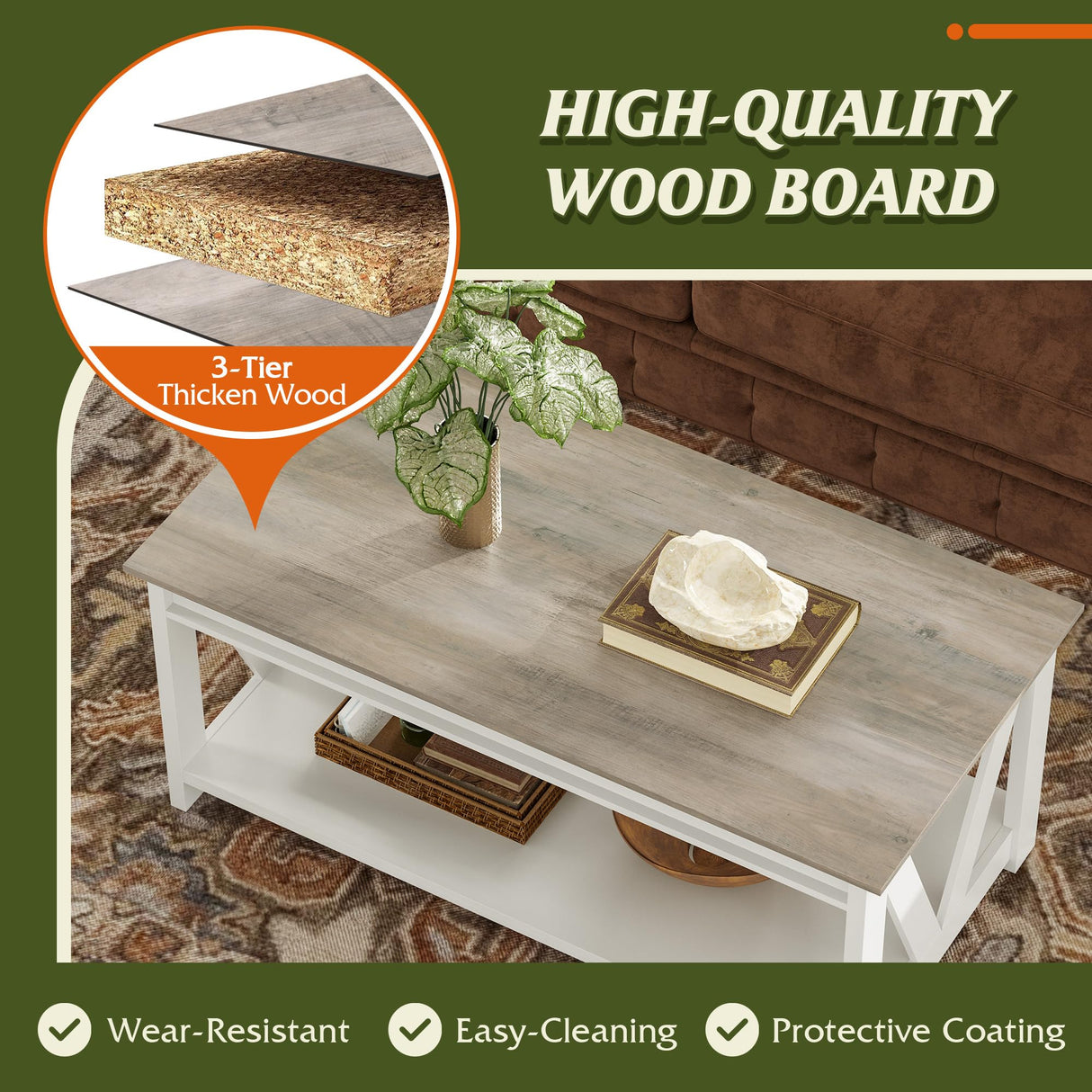 WLIVE Coffee Table, 43" Living Room Coffee Table with Storage Shelf, Center Table for Living Room, Bedroom, Office and Balcony, White WLIVE