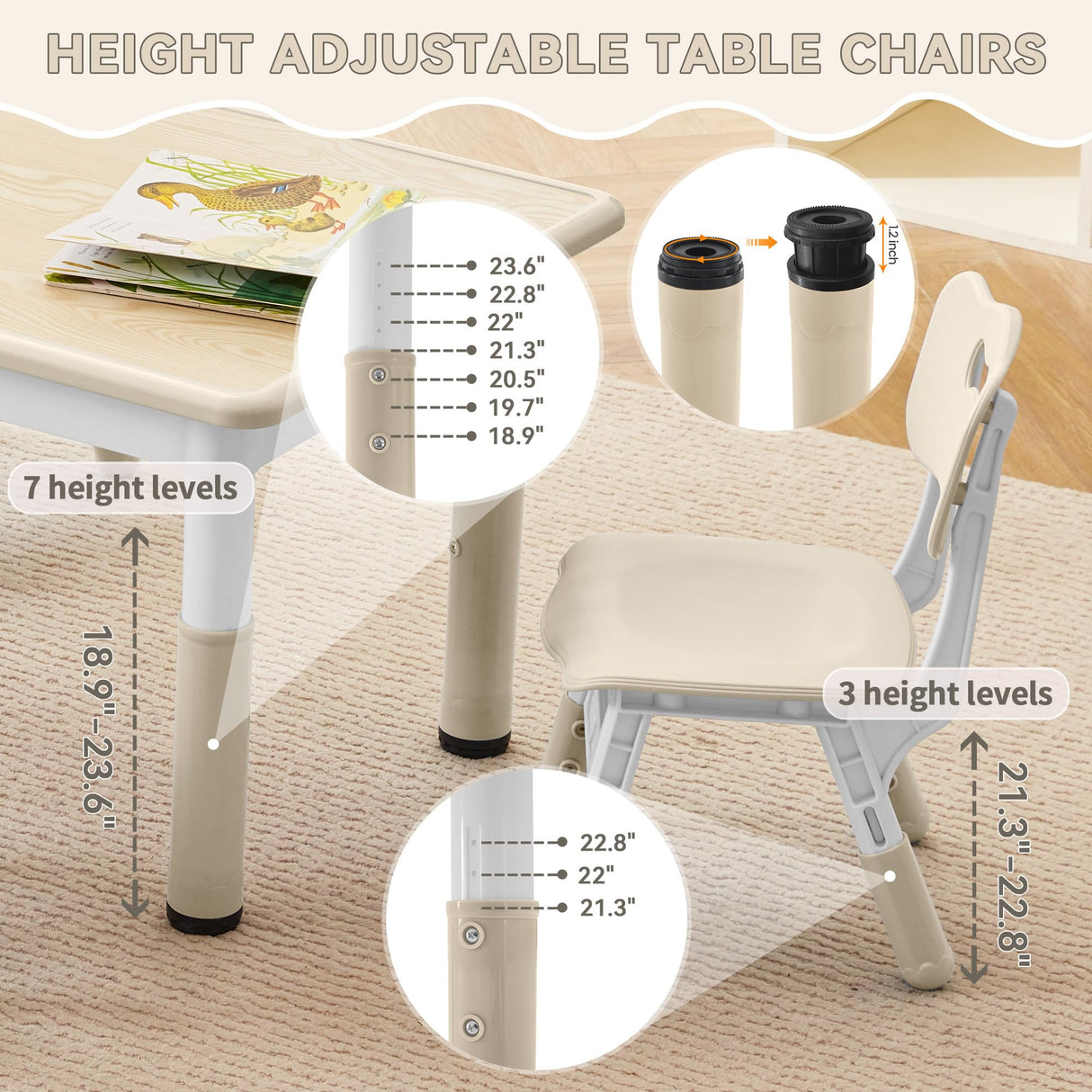 GITAWUSA Kids Study Table and Chairs Set, Height Adjustable Toddler Table and Chair Set for Kids Ages 3-8, 23.6" L x 23.6" W Graffiti Desktop Plastic Children Art Table with 2 Seats, Burlywood GITAWUSA