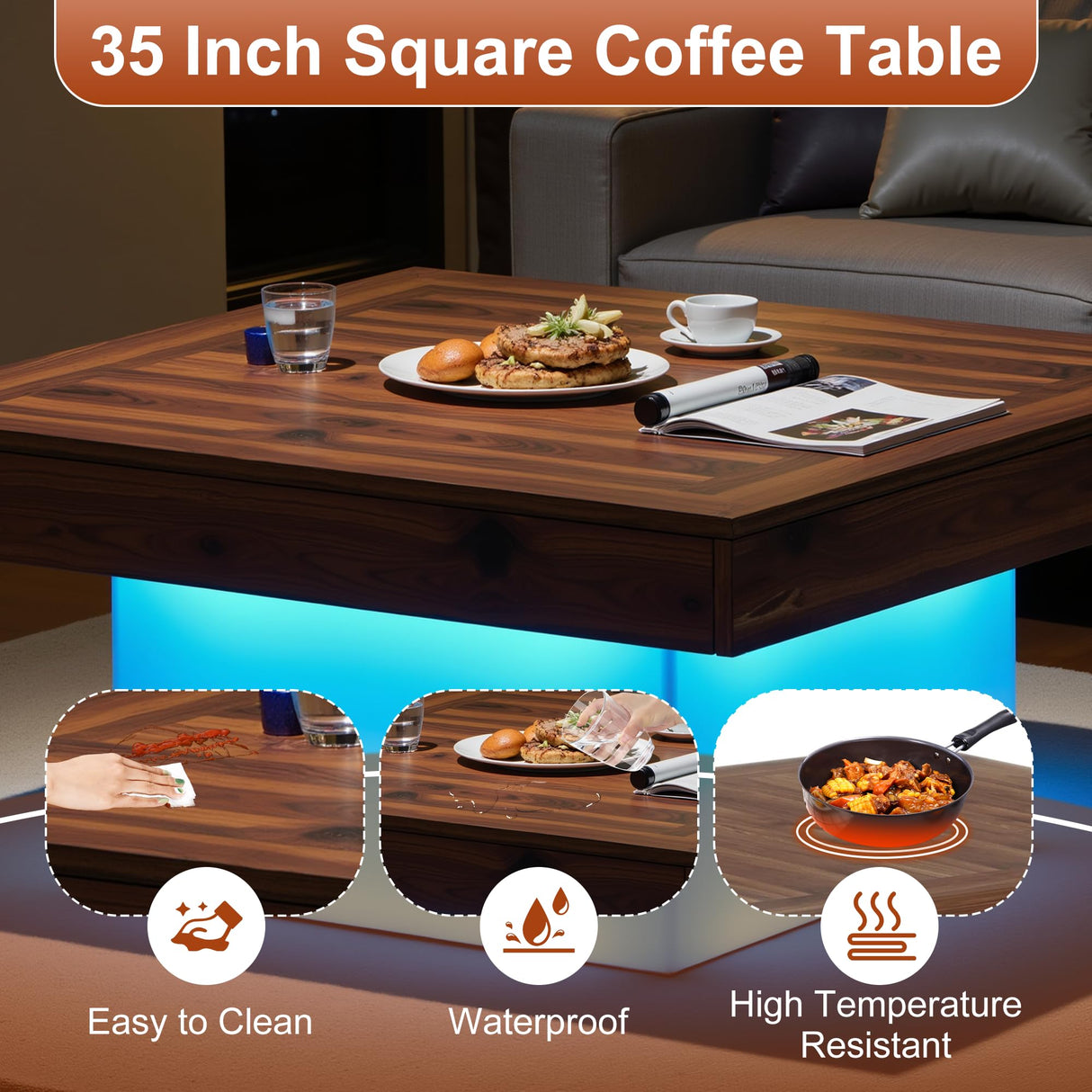 Osparple LED Coffee Table with Storage, 35" Small Square Coffee Table Modern Wooden Accent Center Sofa Side Tables for Living Room, Brown & White Osparple