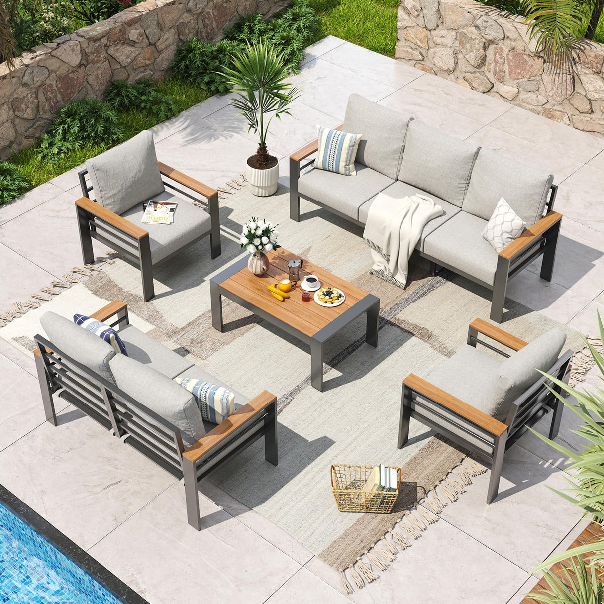 Aoxun Aluminum Patio Furniture Set 7 Seats, Oversized Outdoor Sectional with Washable Thick Cushions, Coffee Table and Waterproof Cover, Patio Conversation Sets for Porch, Balcony, Deck Aoxun