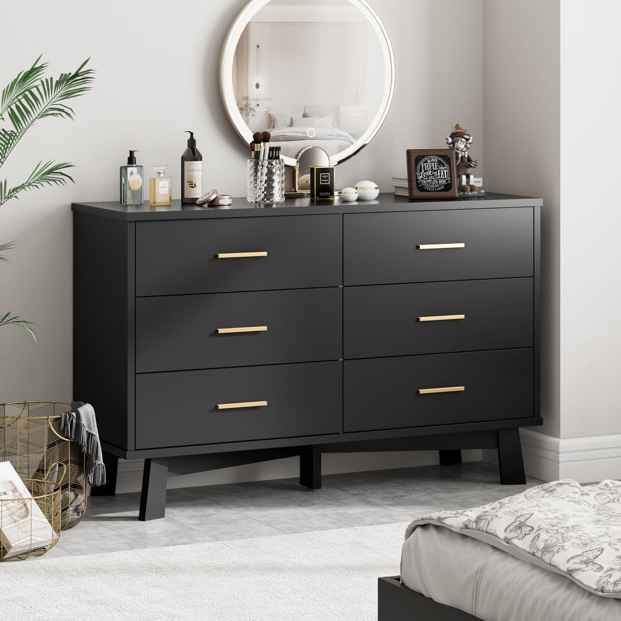 Dresser for Bedroom, 6 Drawer Wide Modern Chest of Drawers with X-Shaped Sturdy Base, Wood Double Dresser Closet Clothes Storage Organizer, Wooden Dresser TV Stand for Living Room, Hallway, Black Xixini