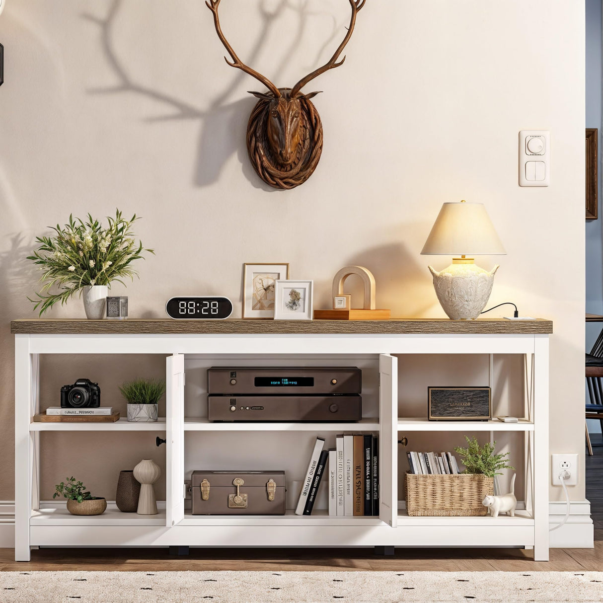 YITAHOME TV Stands for Living Room, Modern Entertainment Center with Power Outlets for Television up to 65 Inch, Farmhouse Media Console TV Cabinet with Adjustable Shelf & Open Shelves, White YITAHOME