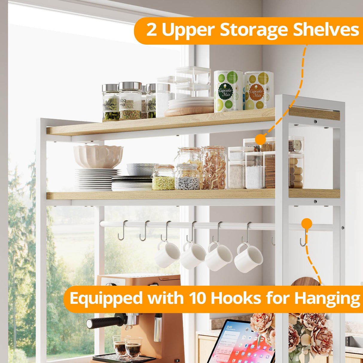 IRONCK Kitchen Island with Stools, Dining Table Set with Storage and Power Outlet, Industrial Coffee Bar Table for Kitchen Dining Living Room, 10 Hooks (Natural Wood) IRONCK