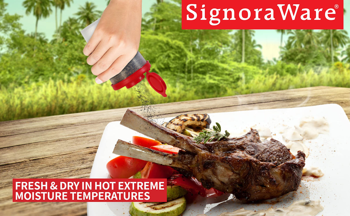 SIGNORAWARE Salt and Pepper Shakers Moisture Proof Set of 2 Large Salt Shaker to go Camping Picnic Outdoors Kitchen Lunch Boxes Travel Spice Set Clear with Red Covers Lids Plastic Airtight Dispenser SIGNORA WARE