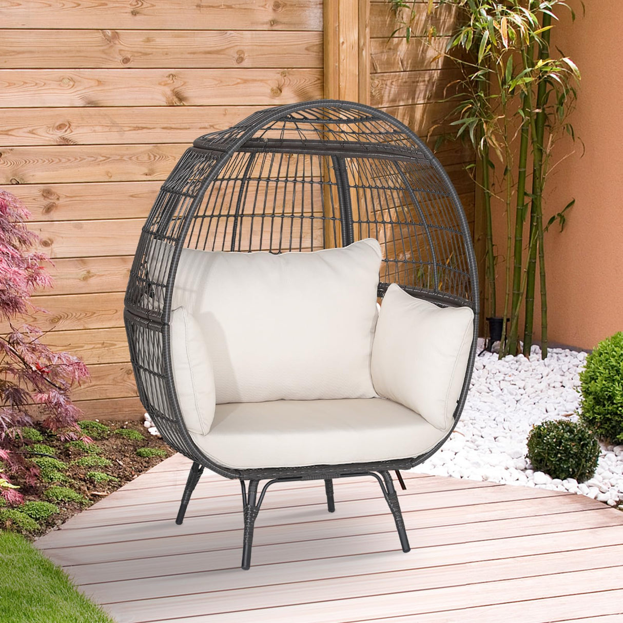 Tangkula Oversized Wicker Egg Chair, Stationary Patio Lounge Basket w/ 4 Soft Cushions, Stable Metal Frame, Gorgeous Indoor Outdoor Lounge Chair, Ideal for Living Room, Backyard, 450 LBS Max Load Tangkula