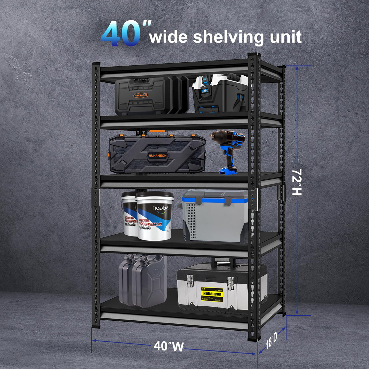 Huhaneon Heavy Duty Garage Shelves - 40''W 2,200Lbs Metal Adjustable Storage Shelving Rack Units for Warehouse Basement 5 Tier Black 39.3" W x 17.7" D x 78" H Huhaneon