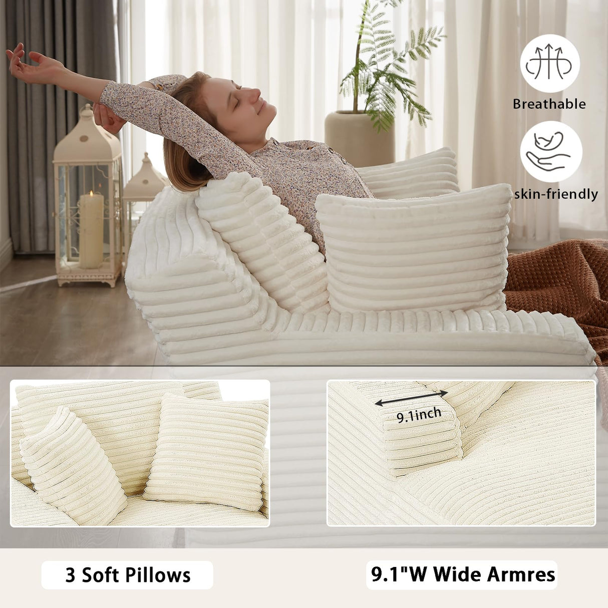 GUANGHONG 50" W Chaise Lounge Chair Indoor, Oversized Upholstered Corduroy Boneless Sofa Bed with 3 Pillows, Deep Seat Sleeper Reading Chair Cloud Couch for Living Room, No Assembly Required GUANGHONG