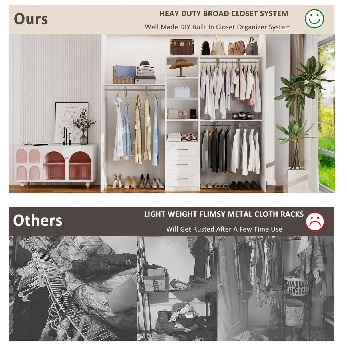 secilix Closet System with Drawers, 5-8FT Closet Organizer Systems with Expandable Hanging Rods, 96" Closet Shelving Systems for Walk in Closets, Heavy Duty Wall Mount Closet Systems-White secilix