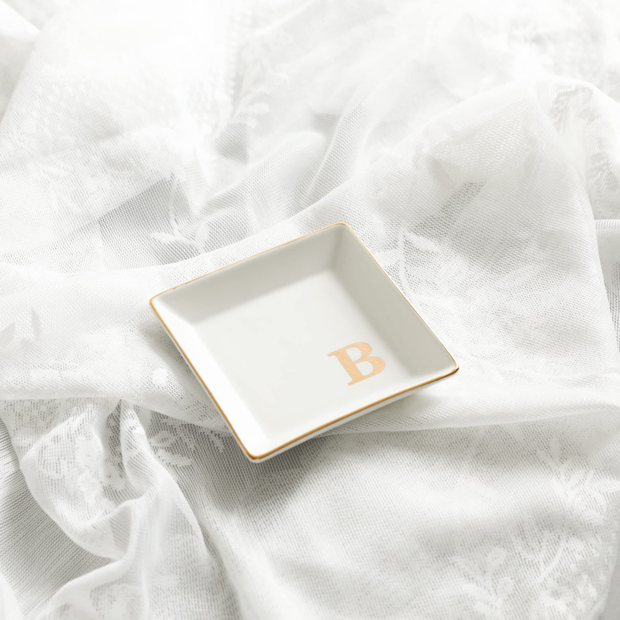 COLLECTIVE HOME - Ceramic Jewelry Tray, Monogram Decorative Trinket Dish for Rings Earrings Necklaces Bracelet Watch Keys, Birthday Mother's Day Christmas Gift for Women, 4" x 4" (B) COLLECTIVE HOME