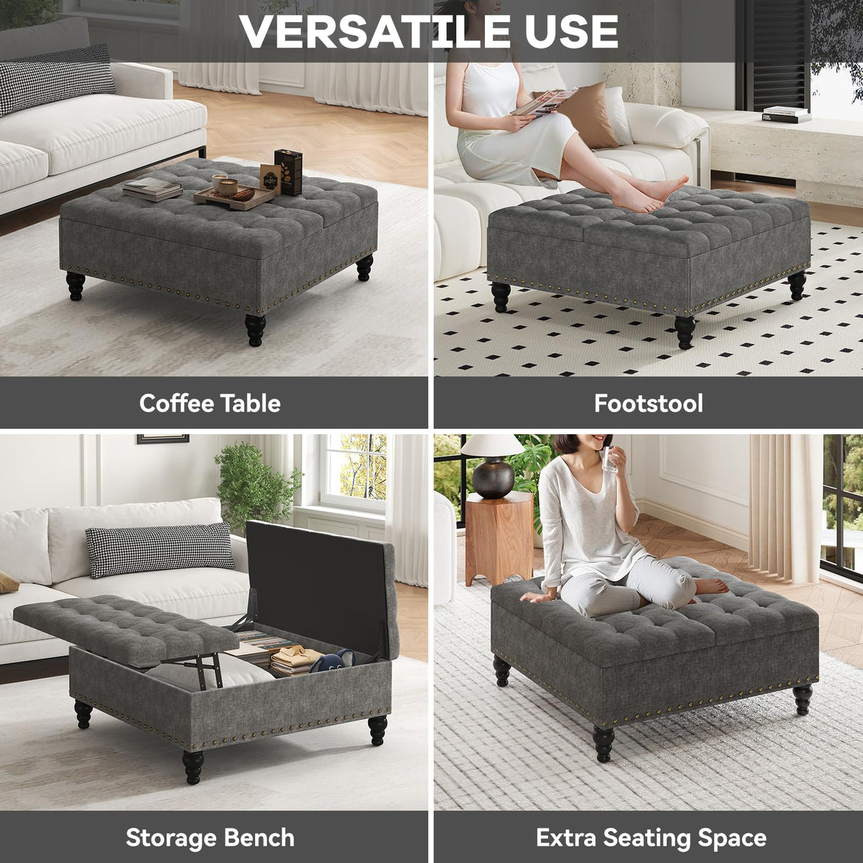 iabifo Large Square Storage Ottoman Bench,Versatile Lift-Top Coffee Table, Toy Box Footrest for Living Room in Chenille, Grey iabifo