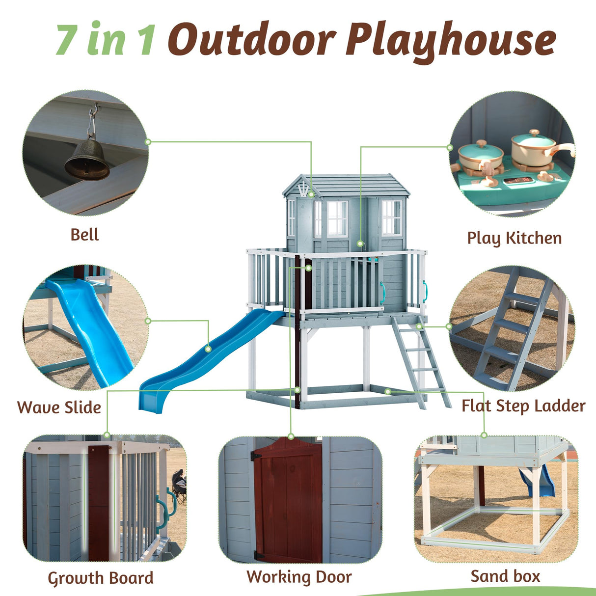 HOMMOW Kids Outdoor Playhouse, Cedar Wooden Outdoor Playhouse with Slide,Growth Chart,Interactive Play Kitchen,Installation Manual and Videos, Blue Grey HOMMOW